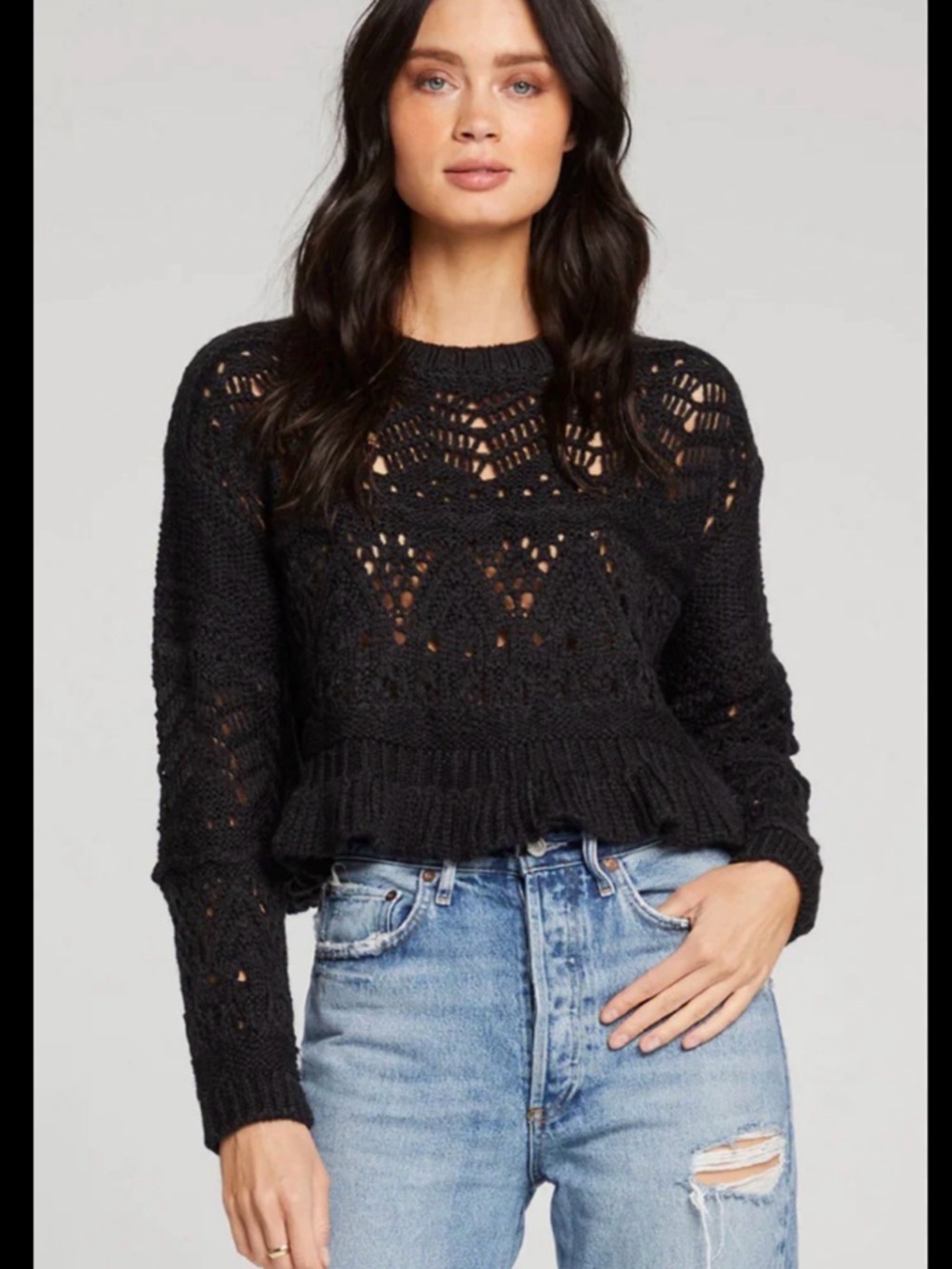 saltwater LUXE Black Crochet Peplum Sweater